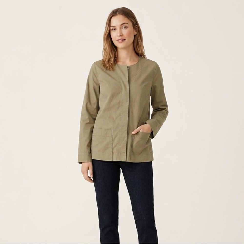 Eileen Fisher Khaki Utility Jacket Size Small Pockets & Collarless Button Up